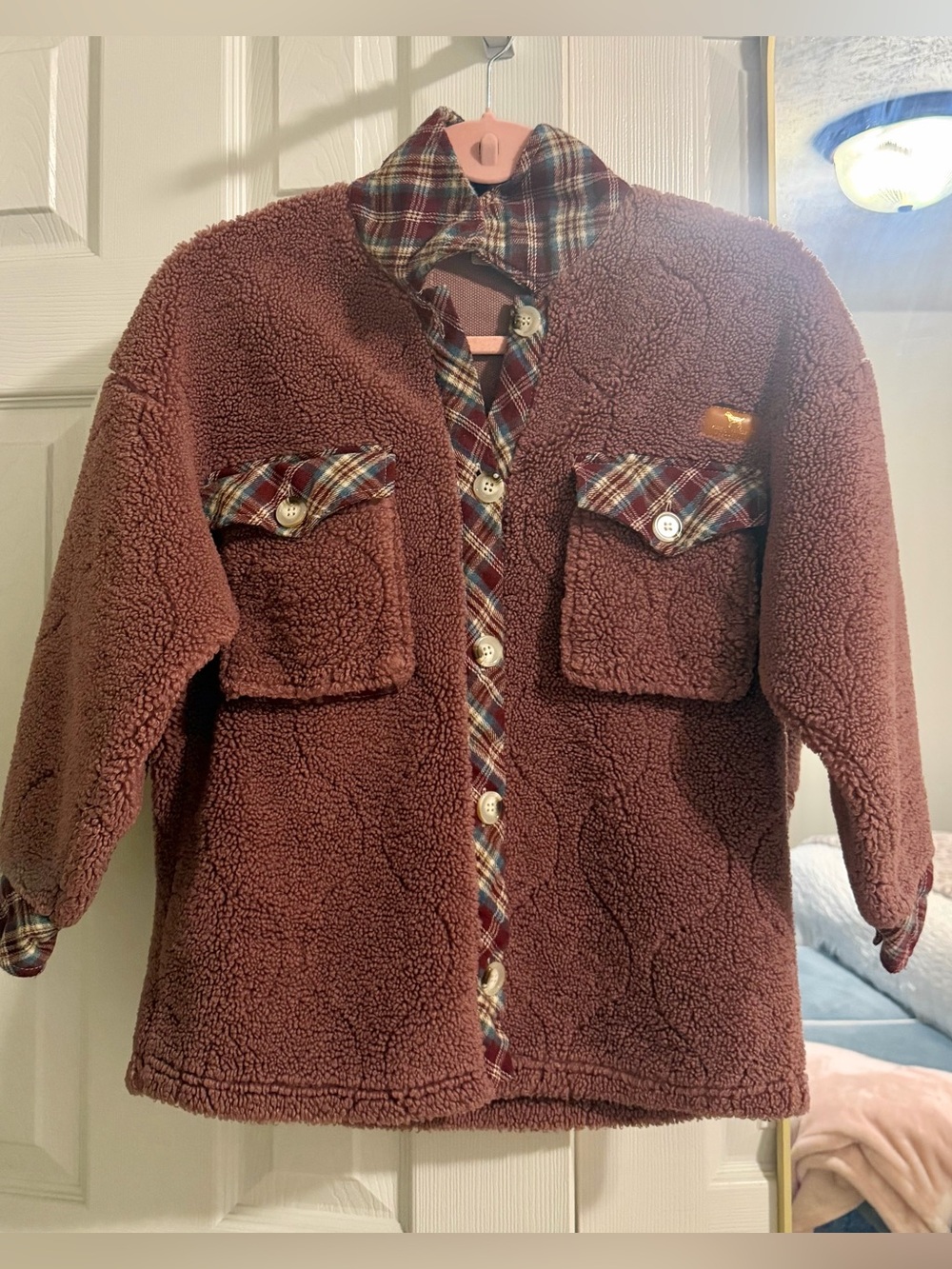 Simply Southern Maroon Sherpa Button-Down with Plaid Trim - Size YS